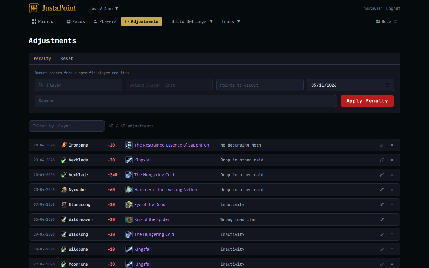 The Adjustments page — search a player, pick an item, apply a delta with a reason