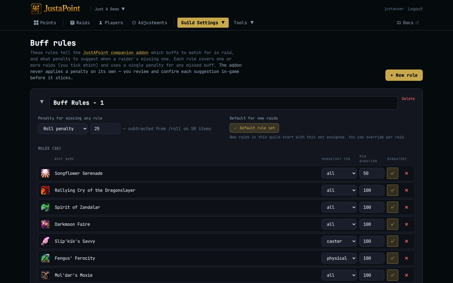 The buff rules editor — one rule set with a list of required buffs and per-rule penalize toggles