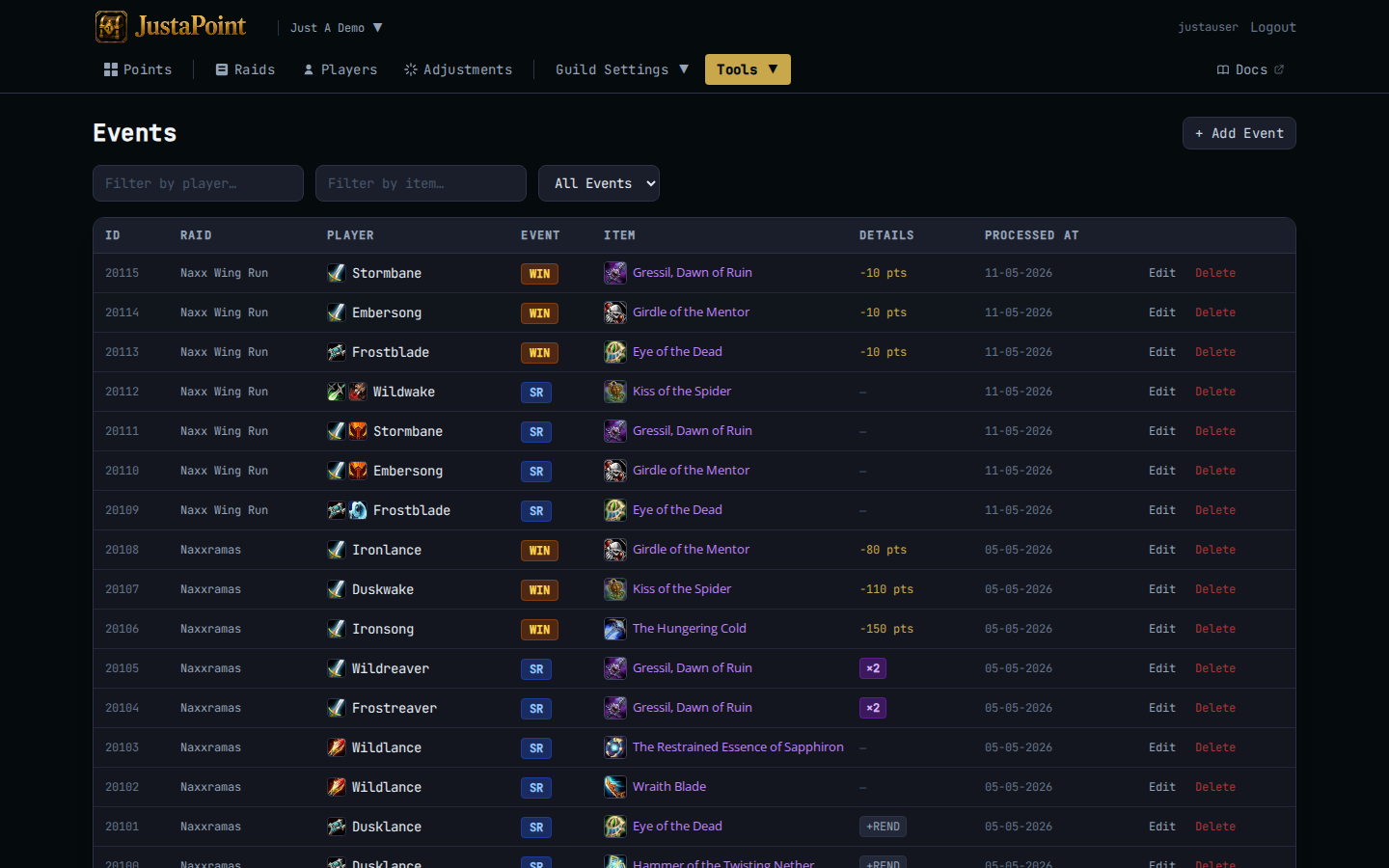 Website: event ledger