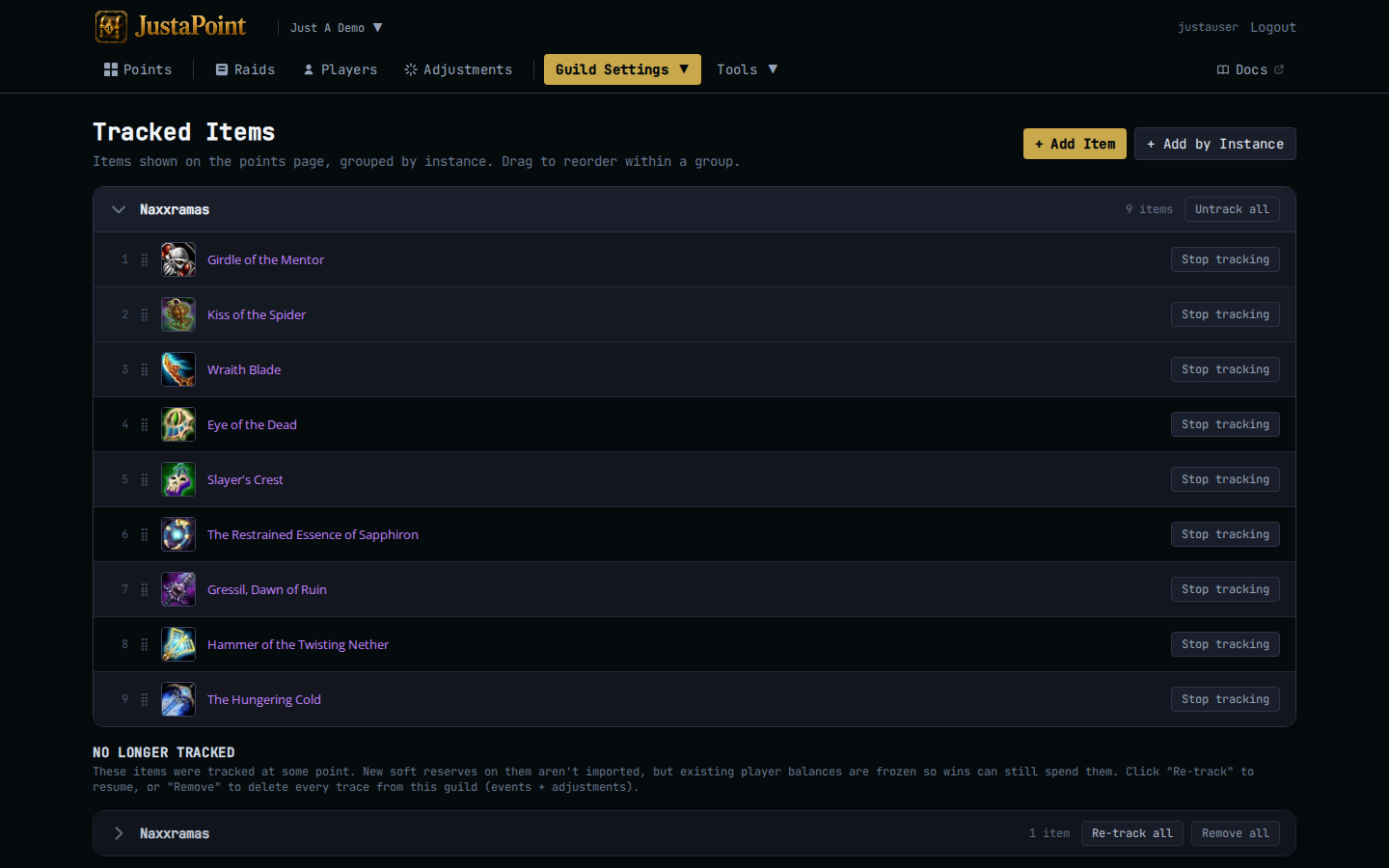 Website: tracked items