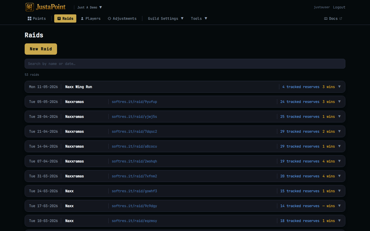 Website: raid list and create