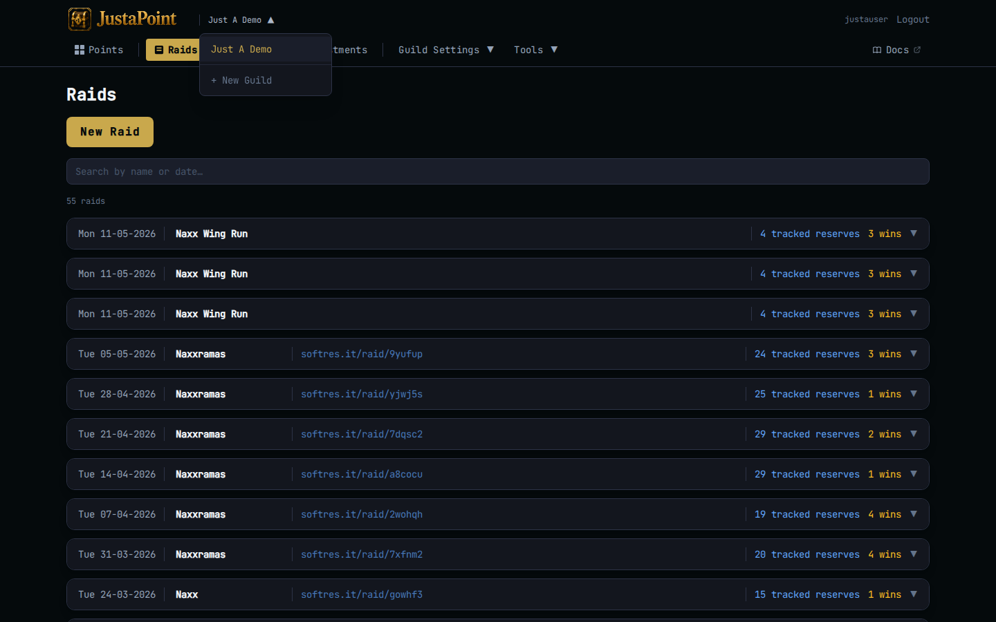The guild dropdown in the top-left header opened, listing every guild you're a member of