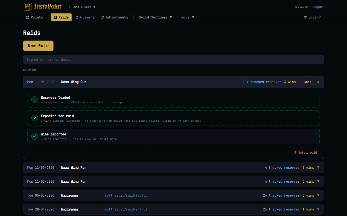A completed raid — all three steps marked done (Reserves loaded, Exported for raid, Wins imported) with the Done pill in the card header