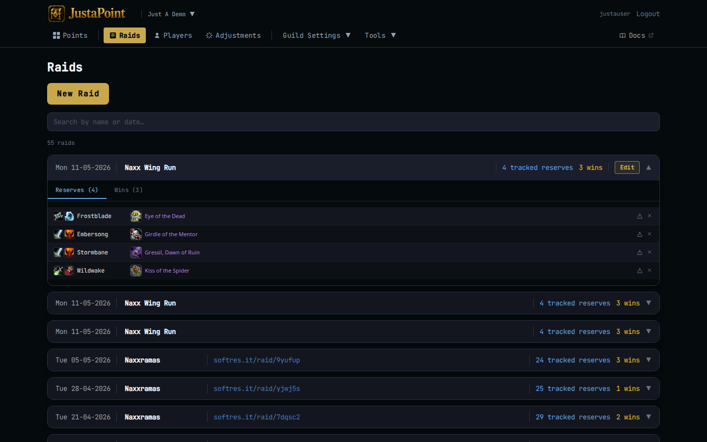 A finished raid in Reserves / Wins tab view, scrollable list of events
