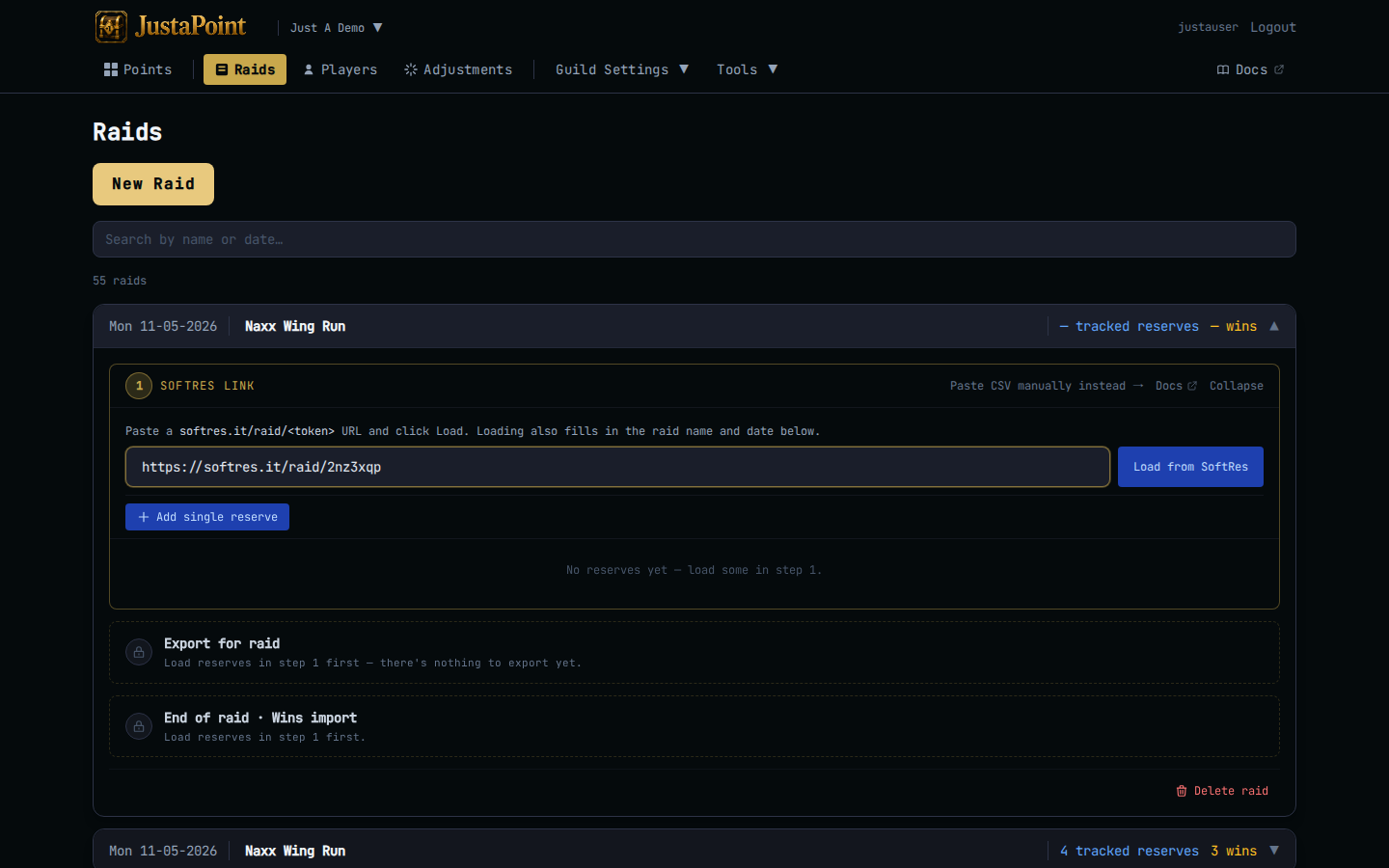 Step 1 card in softres mode, URL pasted, ready to click Load