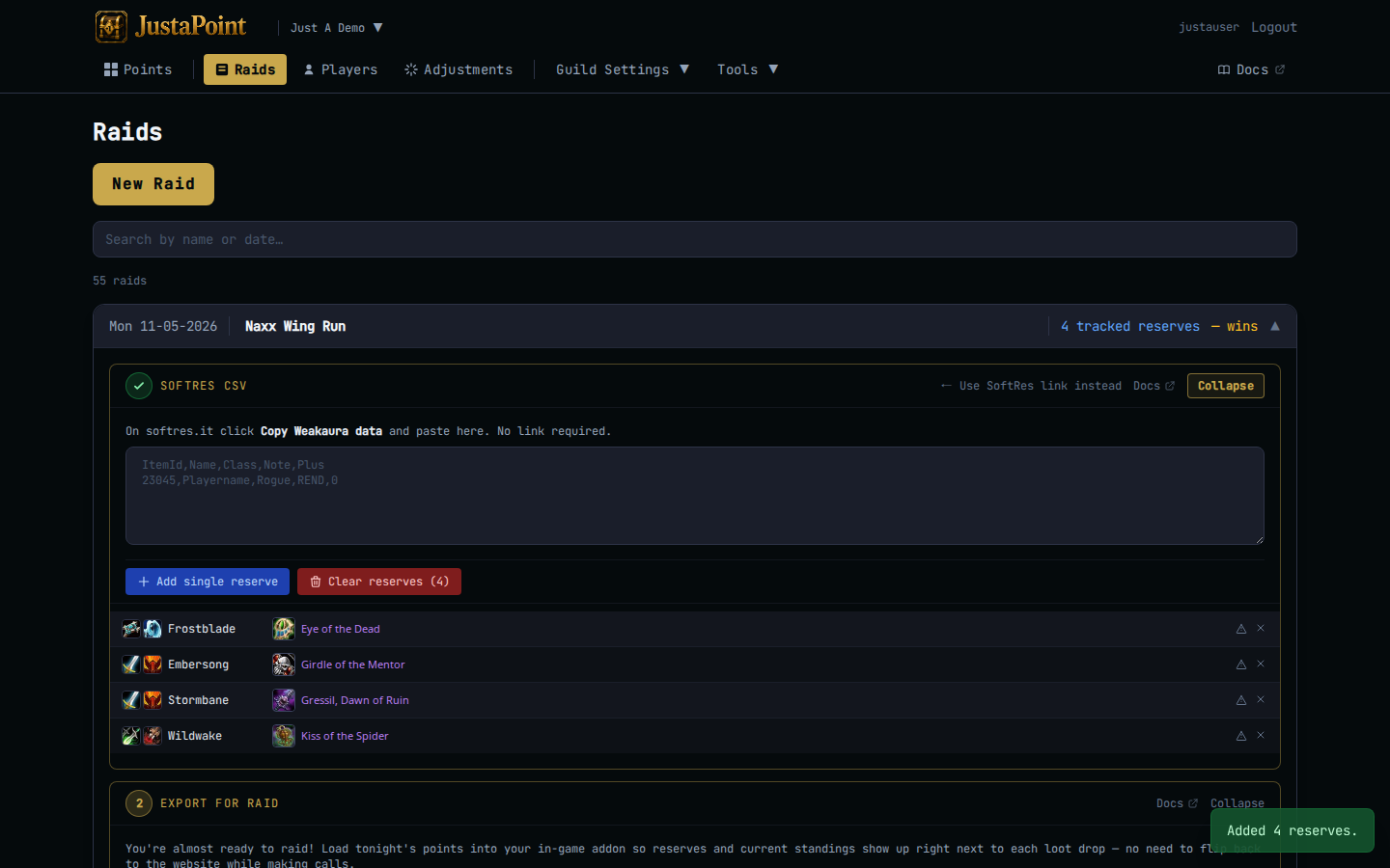 Step 2 expanded — JustAPoint Addon and KRC Addon buttons side by side