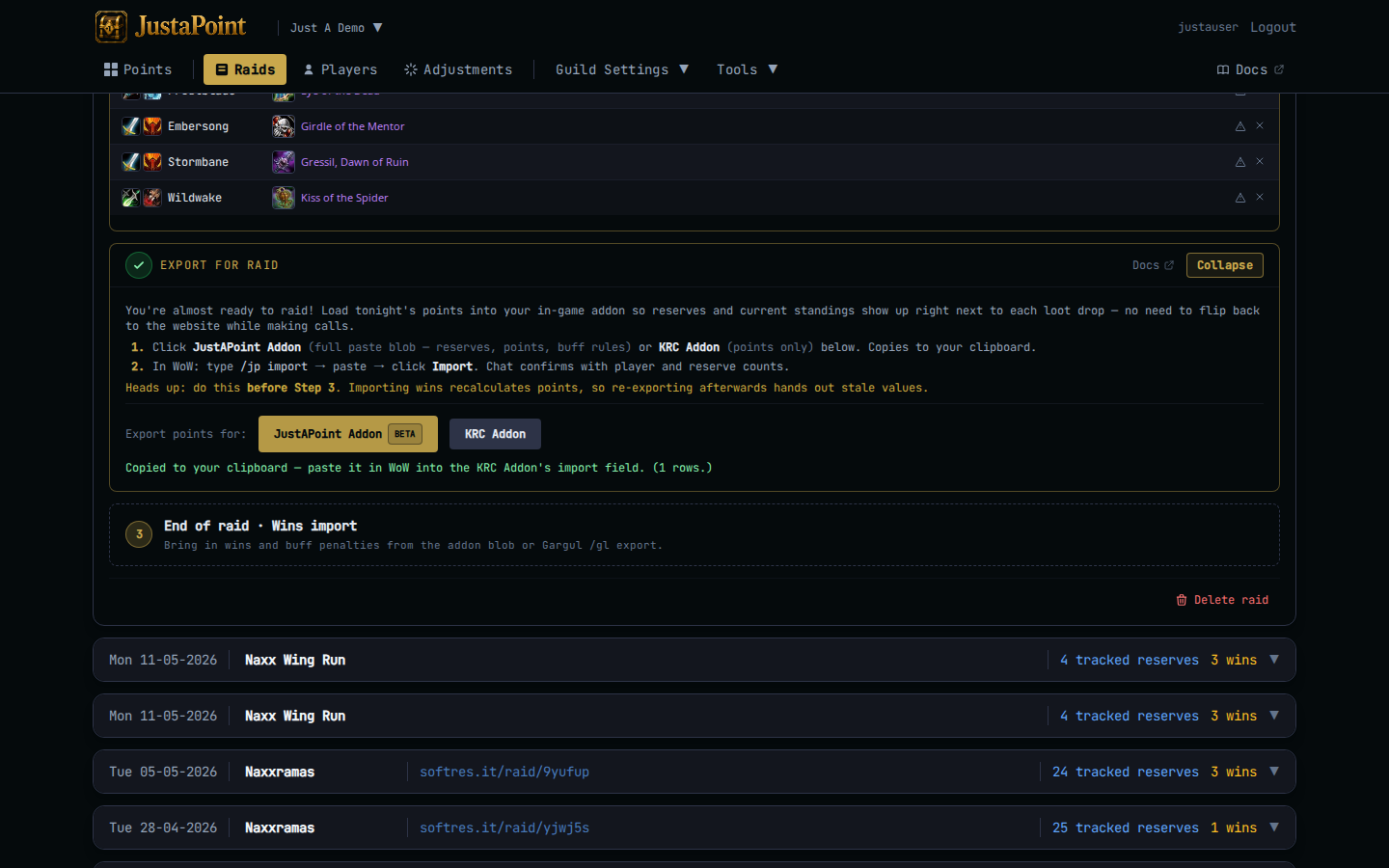 Step 2 — both export buttons, with the 'Copied to your clipboard' status message below