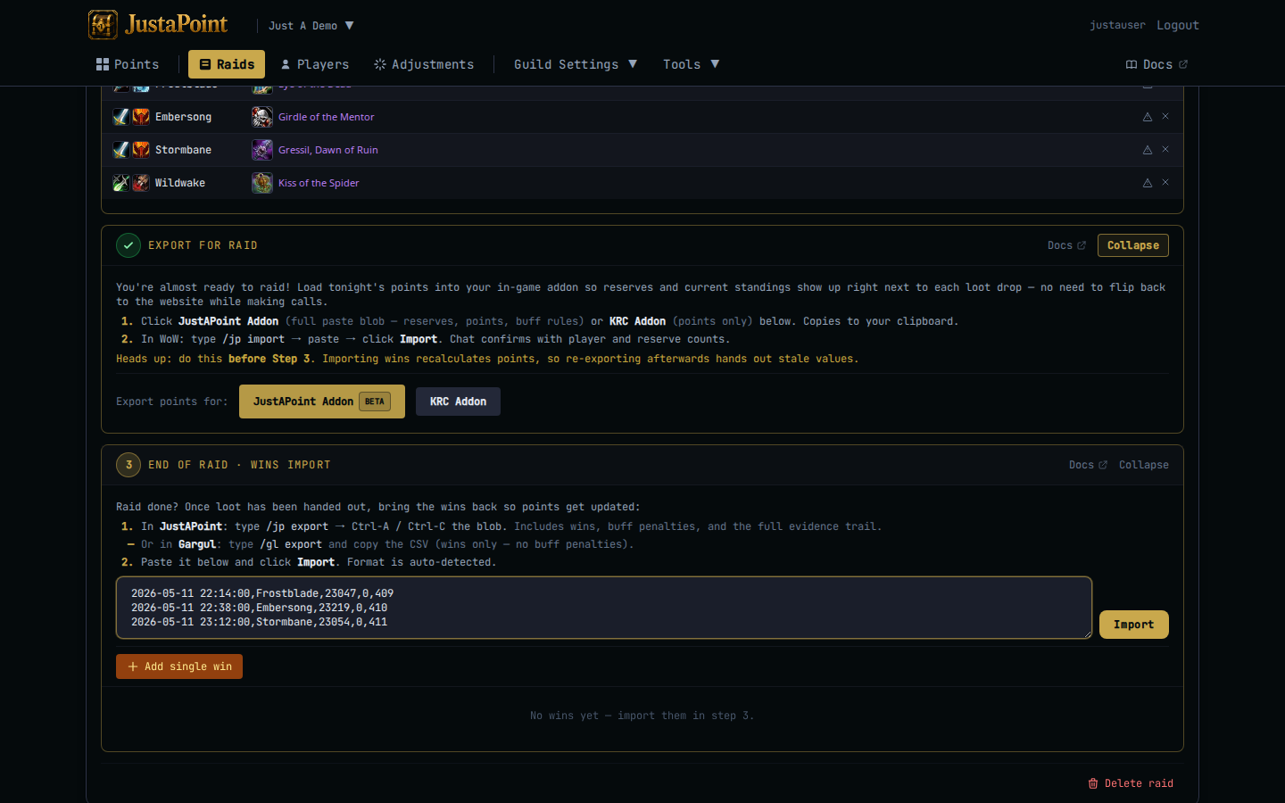Step 3 expanded — a multi-row Gargul CSV pasted, Import button ready